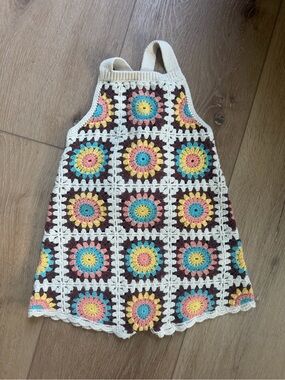 Zara Crochet Sunburst Dress in Cream, Pink, Yellow & Teal